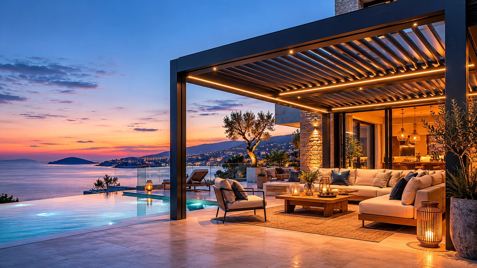 Çeşme, İzmir bölgesinde kurulu modern pergola sistemi